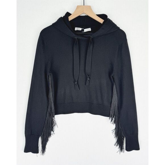 Zara Sweater Womens Small Black Chain Fringe Boho Western Soft Stretch Hoodie - Picture 1 of 10